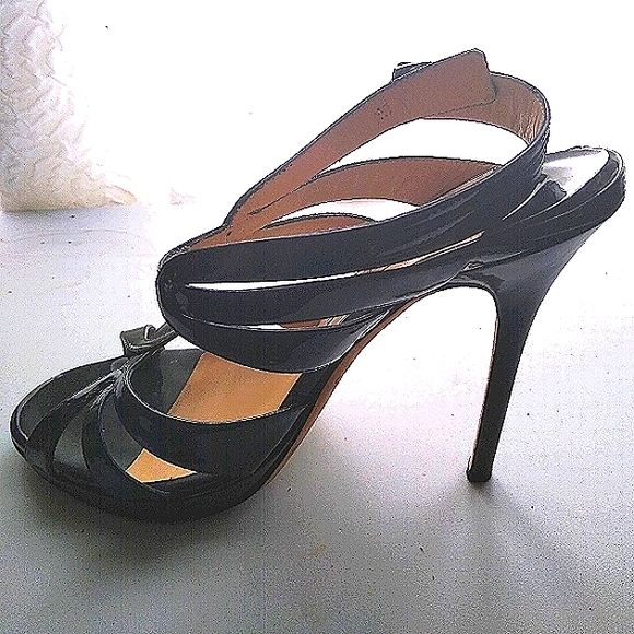 JIMMY CHOO 39 ALL LEATHER PATENT LEATHER PLATFORM SANDAL CAGED STILETTO HEELS - Picture 2 of 11